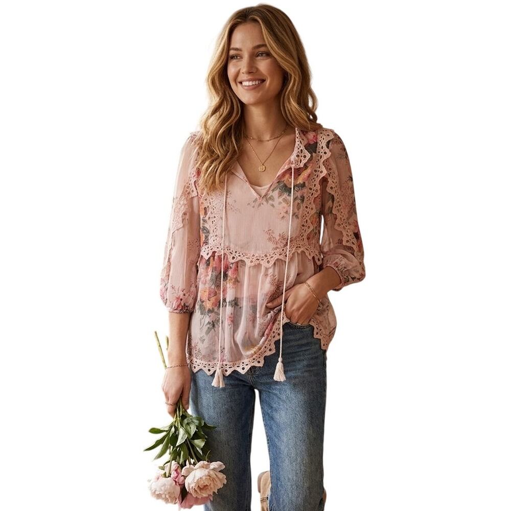 Stellah Floral Sheer Blouse Small Pink Tassel Boho Feminine Romantic Cottagecore